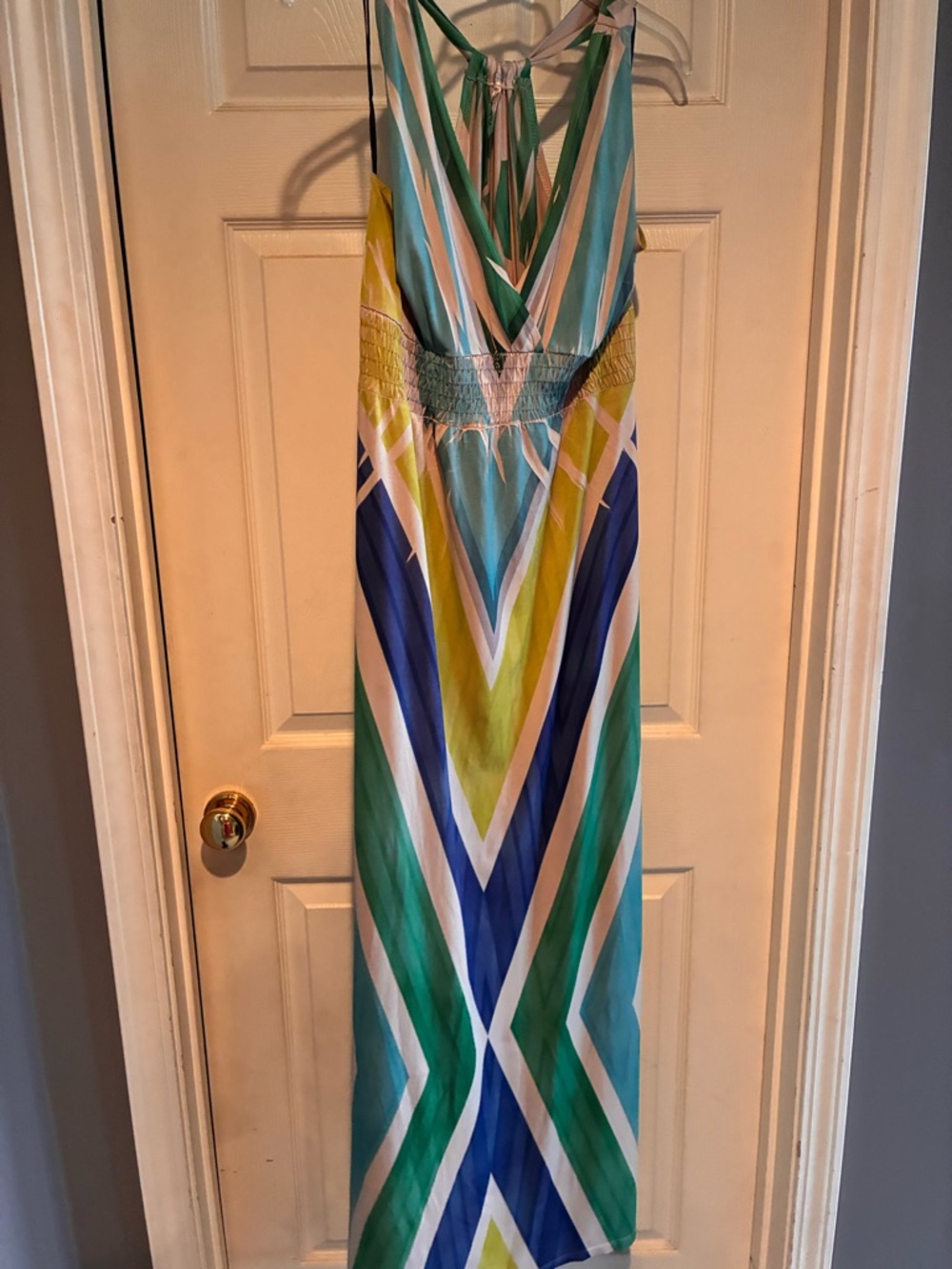 Striped V-Neck Maxi Dress in Green & Blue